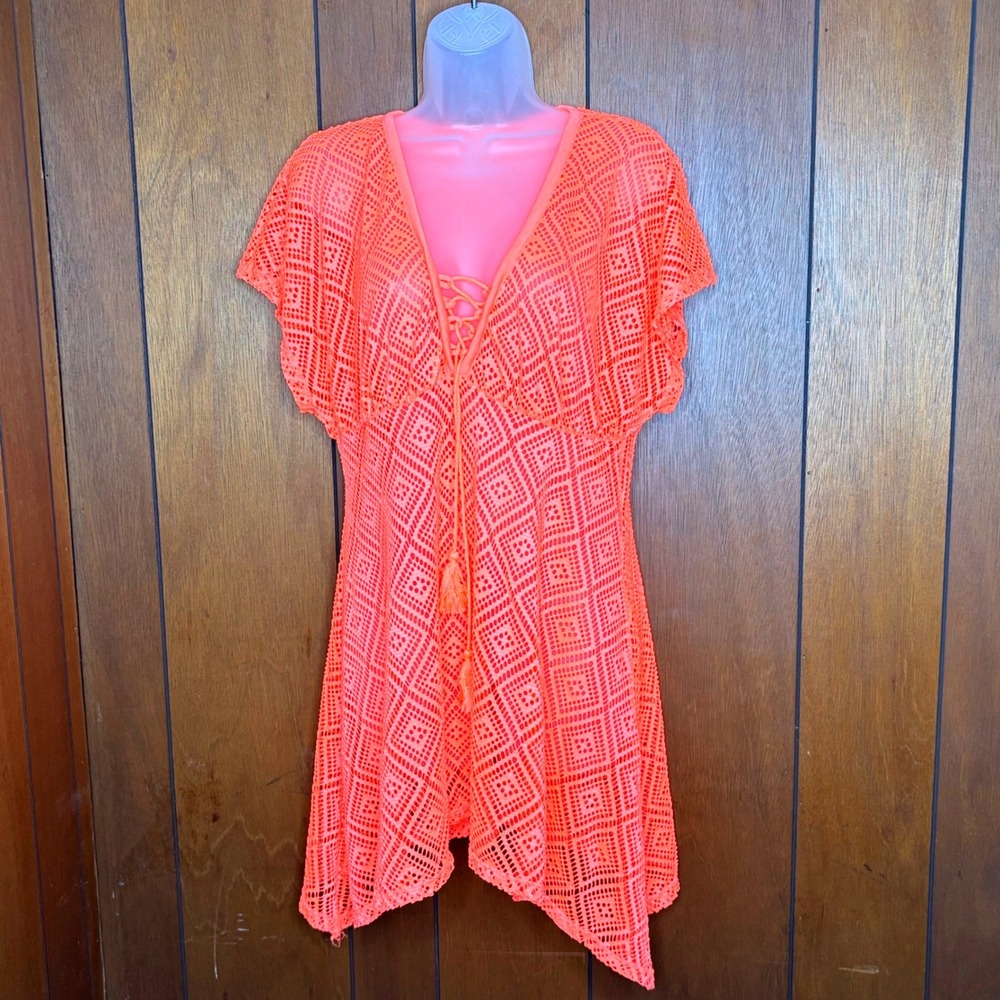 Ocean Pacific Swim Cover Up Womens‎ XL Orange Crochet Lace Up Tassel Boho Beach